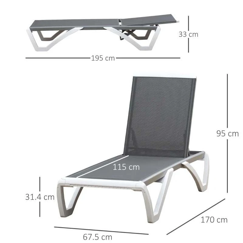 Outsunny Reclining Sun Lounger - Grey - 84B-595GY 3 Outsunny Reclining Sun Lounger - Grey - 84B-595GY - Image 3