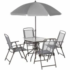 Outsunny 6 Piece Patio Dining Table & Folding Chairs Set With Umbrella - Brown - 84B-688 -OUTSUNNY Sales Shop o u outsunny 84b 688 full set