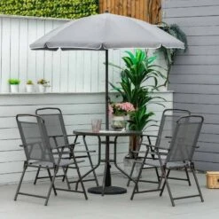 Outsunny 6 Piece Patio Dining Table & Folding Chairs Set With Umbrella - Brown - 84B-688 -OUTSUNNY Sales Shop o u outsunny 84b 688 outdoor