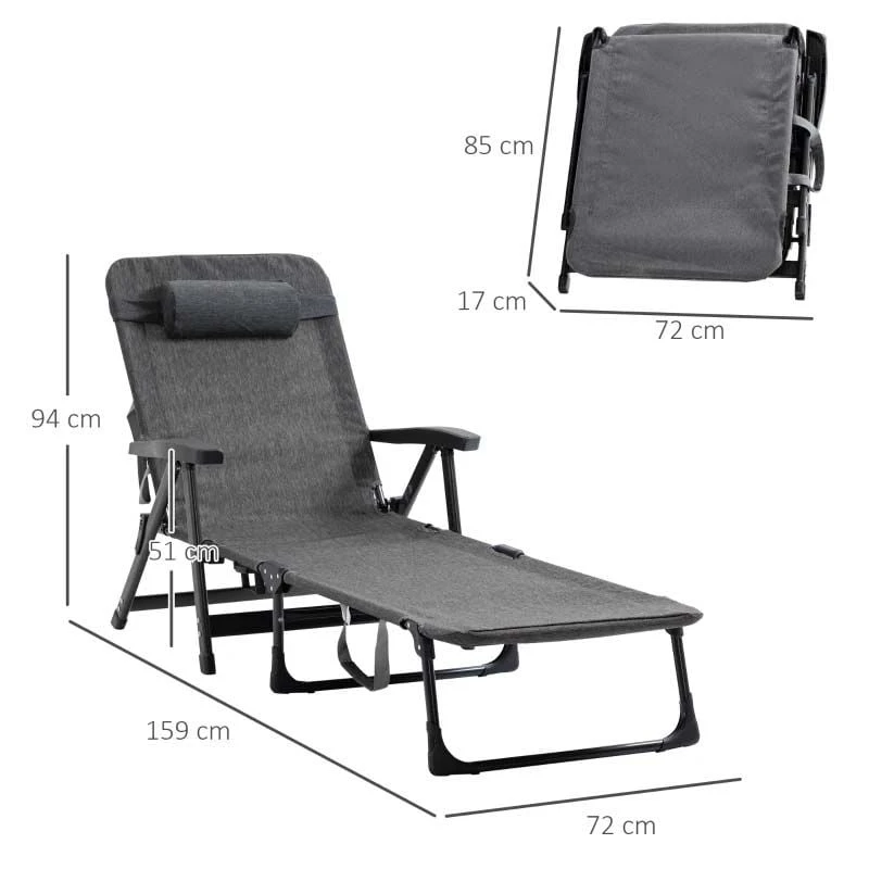 Outsunny Reclining Sun Lounger With Pillow - Grey - 84B-770V70CG 3 Outsunny Reclining Sun Lounger With Pillow - Grey - 84B-770V70CG - Image 3