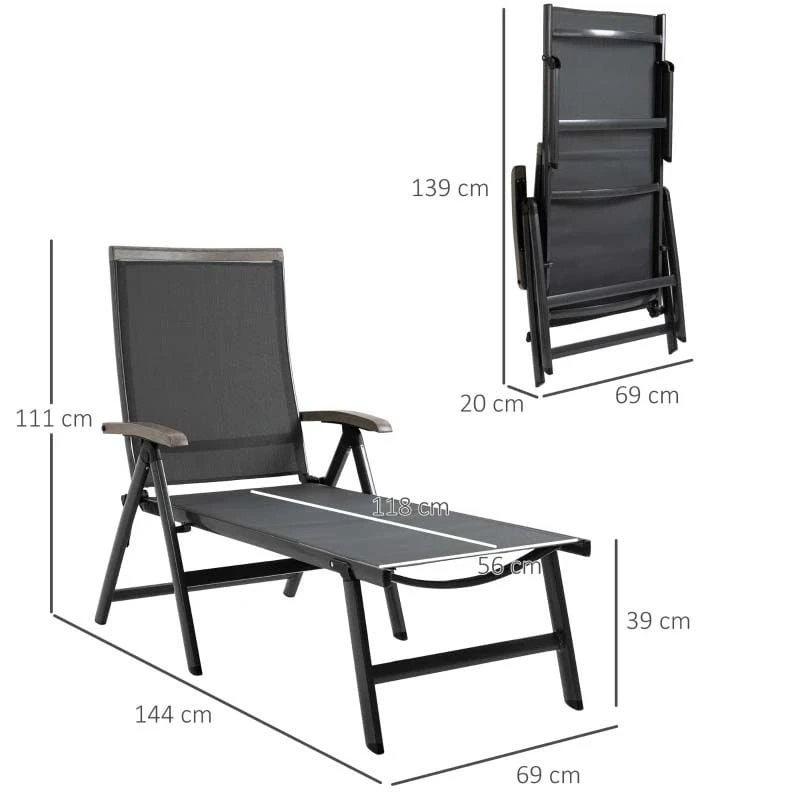 Outsunny Reclining Sun Lounger - Grey - 84B-792CG 3 Outsunny Reclining Sun Lounger - Grey - 84B-792CG - Image 3