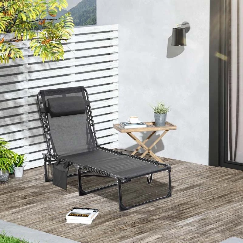 Outsunny Reclining Sun Lounger With Pillow - Grey - 84B-812BK 1 Outsunny Reclining Sun Lounger With Pillow - Grey - 84B-812BK