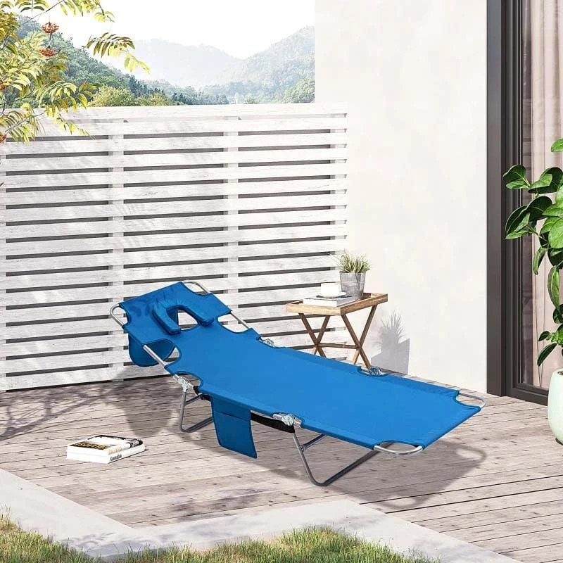 Outsunny Reclining Sun Lounger With Head Pillow - Blue - 84B-867BU 1 Outsunny Reclining Sun Lounger With Head Pillow - Blue - 84B-867BU