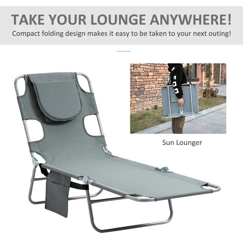 Outsunny Reclining Sun Lounger With Head Pillow - Grey - 84B-867GY 7 Outsunny Reclining Sun Lounger With Head Pillow - Grey - 84B-867GY - Image 7