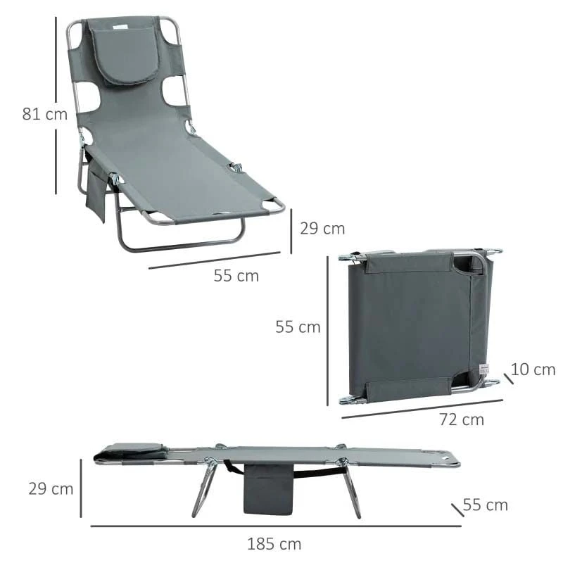 Outsunny Reclining Sun Lounger With Head Pillow - Grey - 84B-867GY 3 Outsunny Reclining Sun Lounger With Head Pillow - Grey - 84B-867GY - Image 3