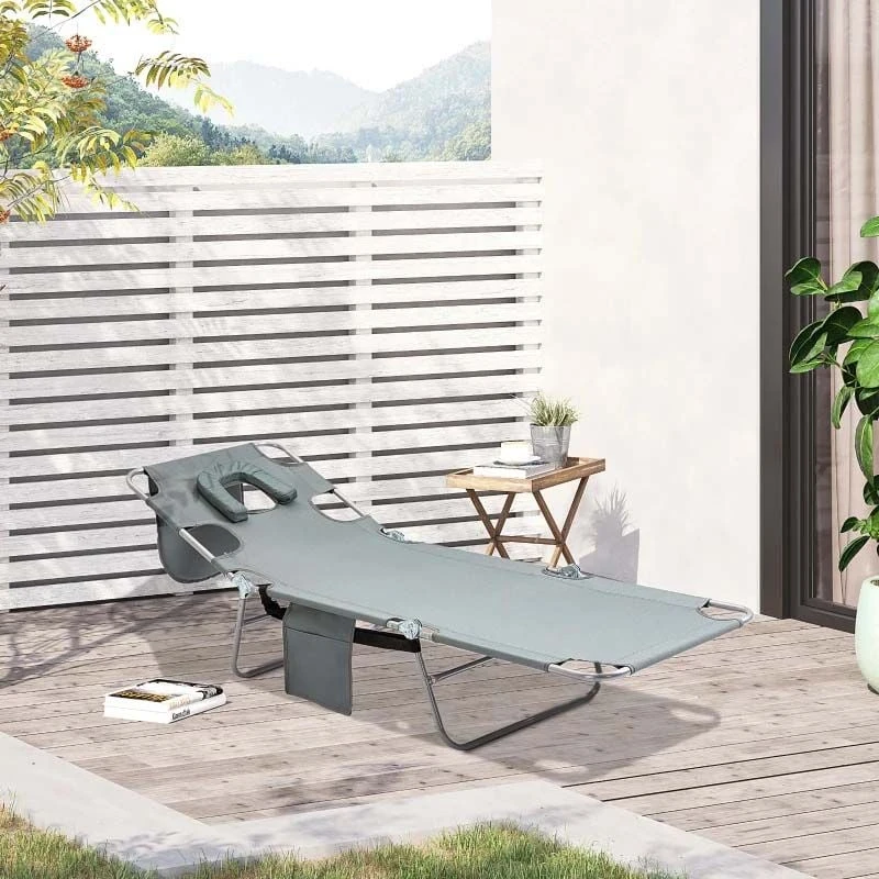 Outsunny Reclining Sun Lounger With Head Pillow - Grey - 84B-867GY 1 Outsunny Reclining Sun Lounger With Head Pillow - Grey - 84B-867GY