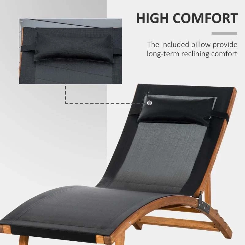 Outsunny Reclining Sun Lounger With Pillow - Black - 84B-912V70BK 4 Outsunny Reclining Sun Lounger With Pillow - Black - 84B-912V70BK - Image 4