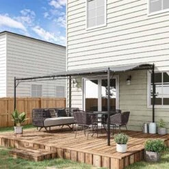 Outsunny 4 X 3m Wall Mounted Pergola Gazebo Awning For Garden & Door Porch - Black & Grey - 84C-038V01GY -OUTSUNNY Sales Shop o u outsunny 84c 038v01gy outdoor