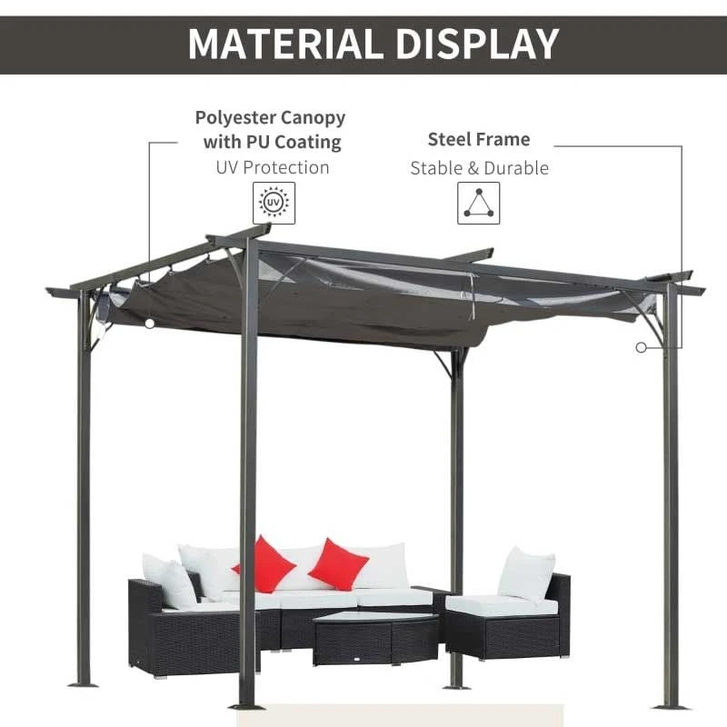 Outsunny 3 X 3m Metal Pergola Gazebo Awning Retractable Canopy - Grey - 84C-093GY 4 Outsunny 3 X 3m Metal Pergola Gazebo Awning Retractable Canopy - Grey - 84C-093GY - Image 4
