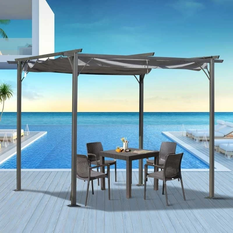 Outsunny 3 X 3m Metal Pergola Gazebo Awning Retractable Canopy - Grey - 84C-093GY 1 Outsunny 3 X 3m Metal Pergola Gazebo Awning Retractable Canopy - Grey - 84C-093GY
