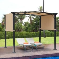 Outsunny 2.96 X 2.45 X 2.3m Outdoor Retractable Pergola Gazebo With 2 Adjustable Sides - Khaki - 84C-124