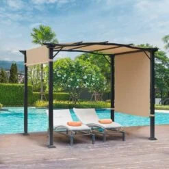 Outsunny 2.96 X 2.45 X 2.3m Outdoor Retractable Pergola Gazebo With 2 Adjustable Sides - Khaki - 84C-124 -OUTSUNNY Sales Shop o u outsunny 84c 124 outdoor