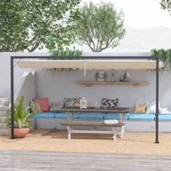 Outsunny 4m Wall Mounted Pergola Gazebo With Retractable Canopy - Beige - 84C-180V01