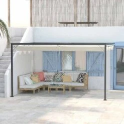 Outsunny 4m Wall Mounted Pergola Gazebo With Retractable Canopy - Beige - 84C-180V01 -OUTSUNNY Sales Shop o u outsunny 84c 180v01 outdoor