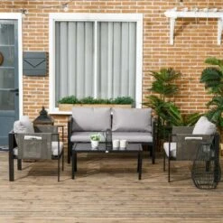 Outsunny 4-Seater Metal Garden Furniture Set - Black/Grey - 84G-048V70LG