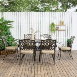 Outsunny 6-Seater Patio Aluminum Dining Table & Cushion Chair Set - Bronze - 84G-050V70BN -OUTSUNNY Sales Shop o u outsunny 84g 050v70bn outdoor