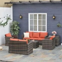 Outsunny 7-Seater Rattan Garden Furniture Set - Brown/Orange - 860-120V70