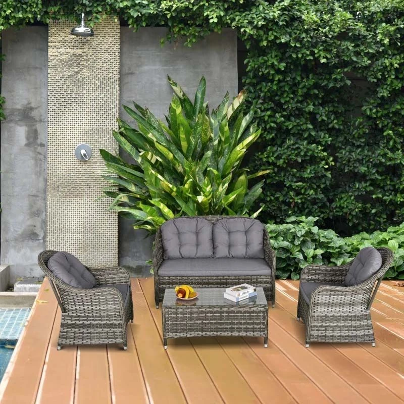 Outsunny 4-Seater Rattan Garden Furniture Set - Grey - 860-124 1 Outsunny 4-Seater Rattan Garden Furniture Set - Grey - 860-124