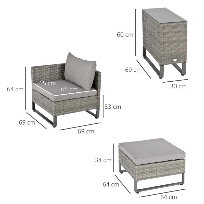 Outsunny 2-Seater Rattan Garden Furniture Set - Grey - 860-133 3 Outsunny 2-Seater Rattan Garden Furniture Set - Grey - 860-133 - Image 3