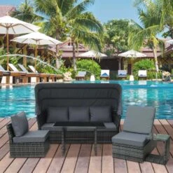 Outsunny 5-Seater Rattan Garden Furniture Set With Canopy And Recliner - Grey - 860-140 -OUTSUNNY Sales Shop o u outsunny 860 140 lifestyle