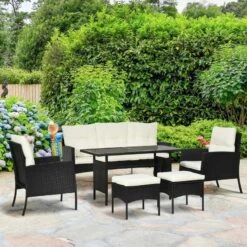 Outsunny 5-Seater Rattan Garden Furniture Set - Black/White - 860-292V70BK -OUTSUNNY Sales Shop o u outsunny 860 292v70bk lifestyle