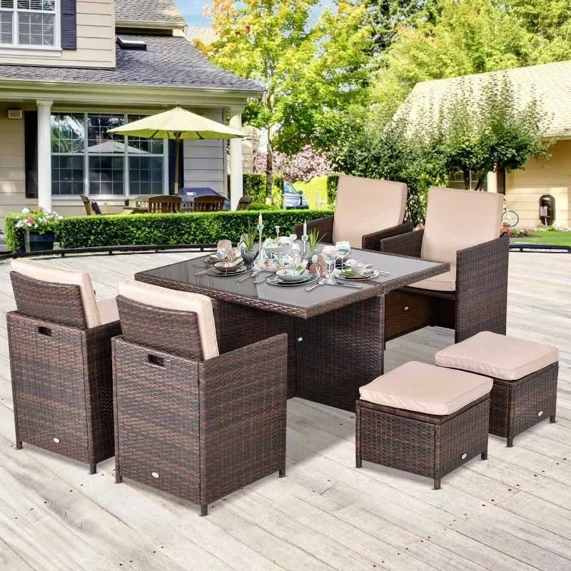 Outsunny 8-Seater Rattan Dining Table & Chairs Set - Brown - 861-028BN 1 Outsunny 8-Seater Rattan Dining Table & Chairs Set - Brown - 861-028BN