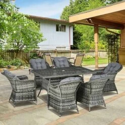 Outsunny 7 Piece Patio PE Rattan Wicker Dining Table & Chairs Set With Cushions - Grey - 861-037V71GY -OUTSUNNY Sales Shop o u outsunny 861 037v71gy outdoor
