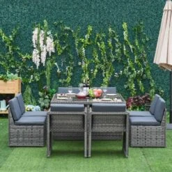 Outsunny 8-Seater Patio Rattan Wicker Dining Table & Chair Set - Mixed Grey - 861-042