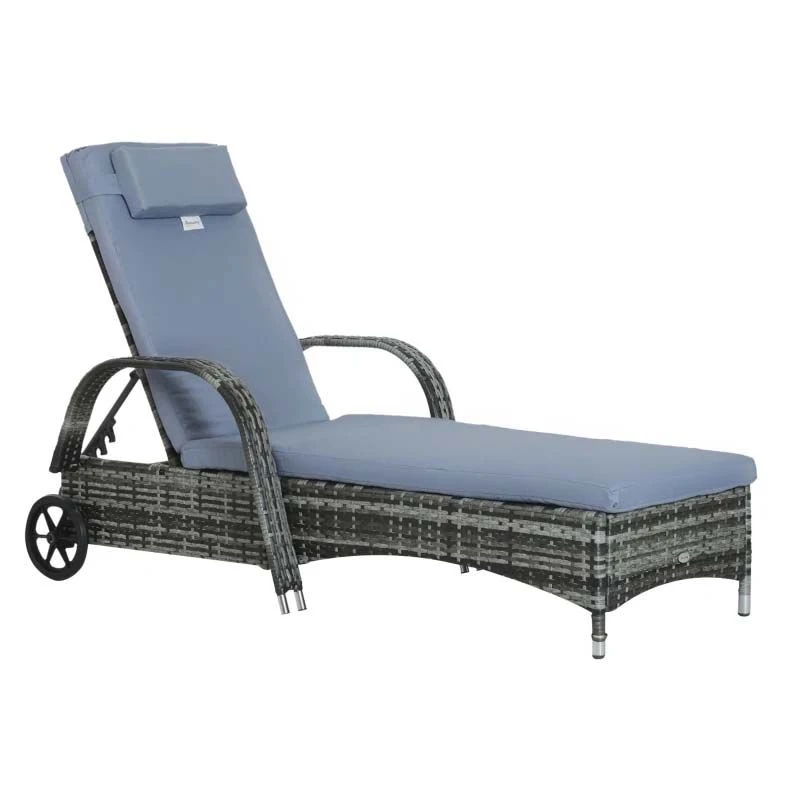 Outsunny Rattan Reclining Sun Lounger - Grey - 862-005V01GY 2 Outsunny Rattan Reclining Sun Lounger - Grey - 862-005V01GY - Image 2