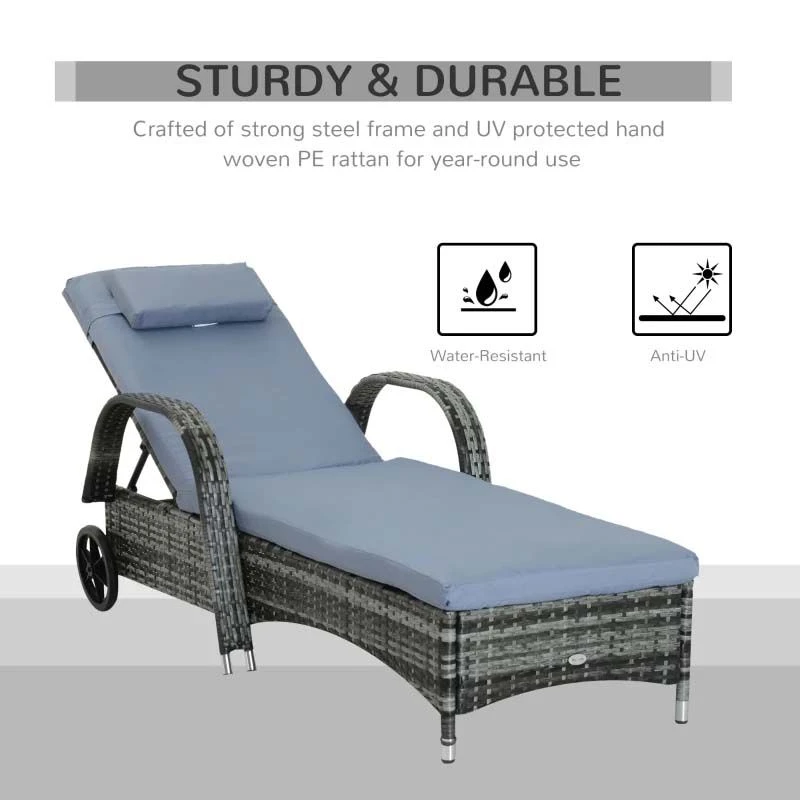 Outsunny Rattan Reclining Sun Lounger - Grey - 862-005V01GY 5 Outsunny Rattan Reclining Sun Lounger - Grey - 862-005V01GY - Image 5