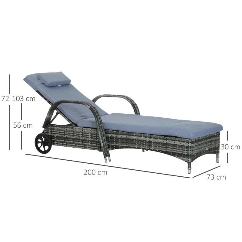 Outsunny Rattan Reclining Sun Lounger - Grey - 862-005V01GY 3 Outsunny Rattan Reclining Sun Lounger - Grey - 862-005V01GY - Image 3
