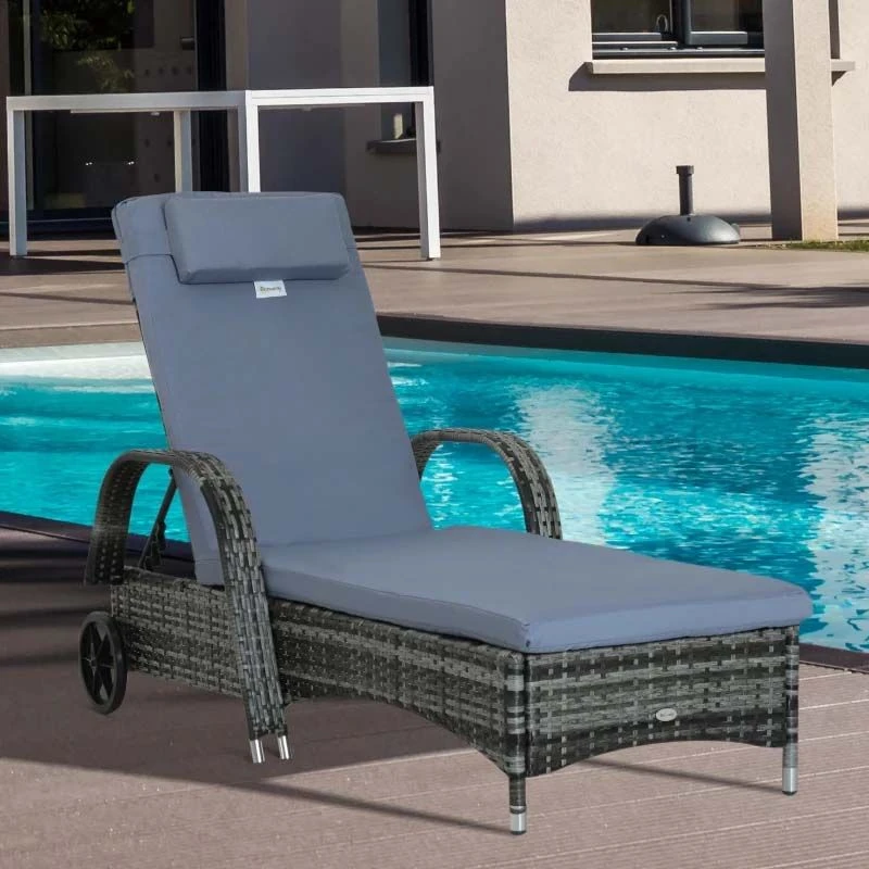 Outsunny Rattan Reclining Sun Lounger - Grey - 862-005V01GY 10 Outsunny Rattan Reclining Sun Lounger - Grey - 862-005V01GY - Image 10