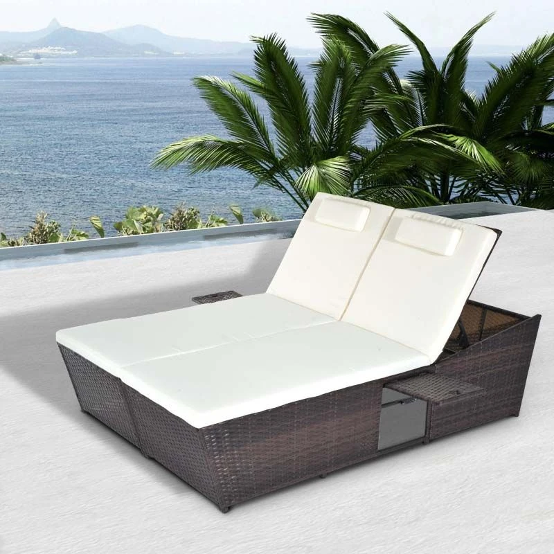 Outsunny Double Rattan Sun Lounger Day Bed - Brown/Cream - 862-007 1 Outsunny Double Rattan Sun Lounger Day Bed - Brown/Cream - 862-007