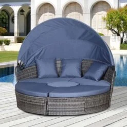 Outsunny 4-Seater Rattan Garden Furniture Set With Canopy - Grey/Blue - 862-021V70GY