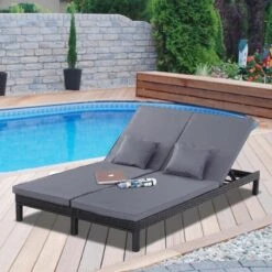 Outsunny 2 Seater Rattan Reclining Sun Lounger Set - Grey - 862-023V71BK -OUTSUNNY Sales Shop o u outsunny 862 023v71bk lifestyle