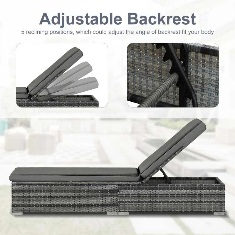 Outsunny Rattan Reclining Sun Lounger - Grey - 862-025 5 Outsunny Rattan Reclining Sun Lounger - Grey - 862-025 - Image 5