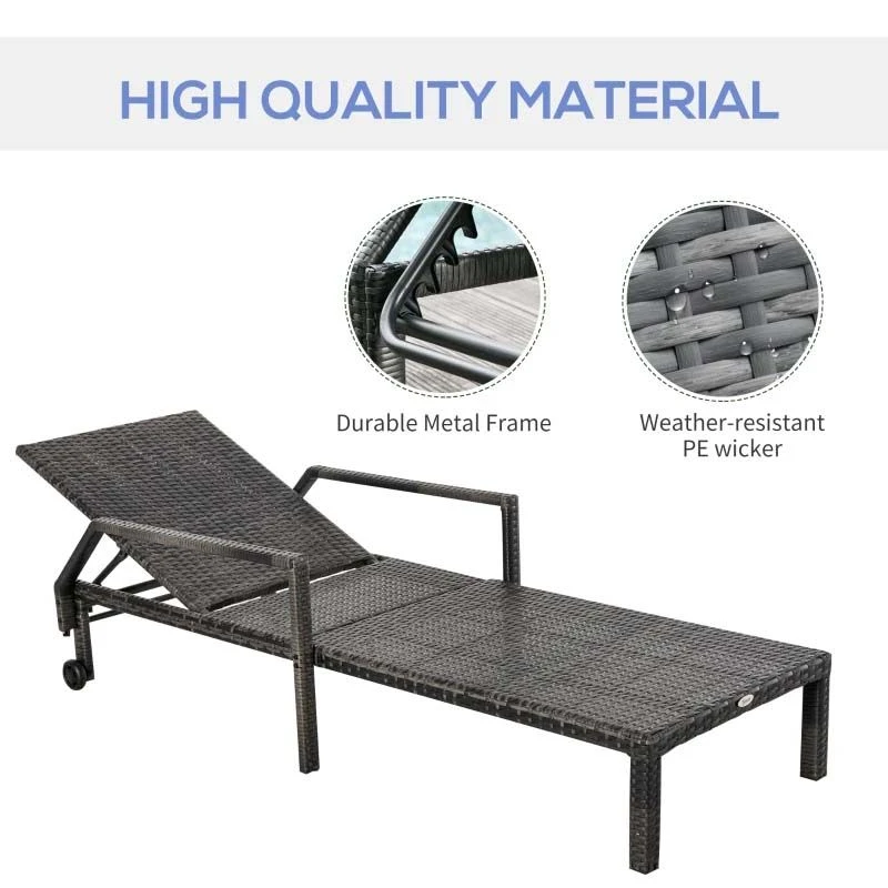 Outsunny Rattan Reclining Sun Lounger - Grey - 862-035V70 5 Outsunny Rattan Reclining Sun Lounger - Grey - 862-035V70 - Image 5