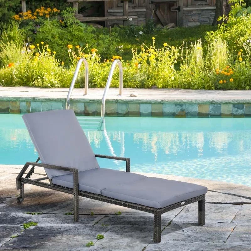 Outsunny Rattan Reclining Sun Lounger - Grey - 862-035V70 1 Outsunny Rattan Reclining Sun Lounger - Grey - 862-035V70