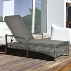 Outsunny Rattan Reclining Sun Lounger - Grey - 862-044V70GY