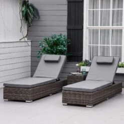 Outsunny 2 Seater Rattan Reclining Sun Lounger Set With Table - Grey - 862-045V70