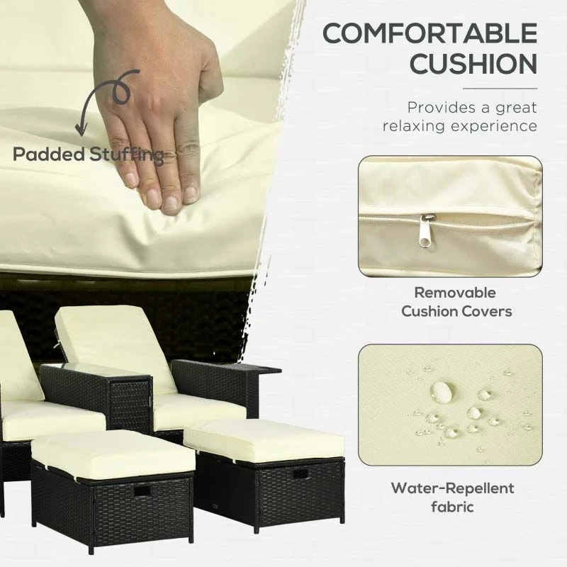 Outsunny 5 Piece Rattan Sun Lounger Set - Black - 862-067V71BK 5 Outsunny 5 Piece Rattan Sun Lounger Set - Black - 862-067V71BK - Image 5