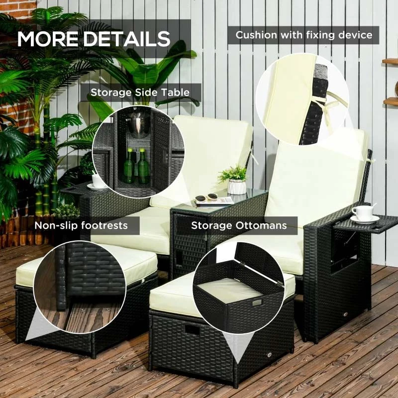 Outsunny 5 Piece Rattan Sun Lounger Set - Black - 862-067V71BK 7 Outsunny 5 Piece Rattan Sun Lounger Set - Black - 862-067V71BK - Image 7