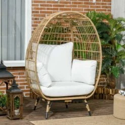 Outsunny PE Round Rattan Egg Chair With Cushions - Khaki - 867-124V00KK