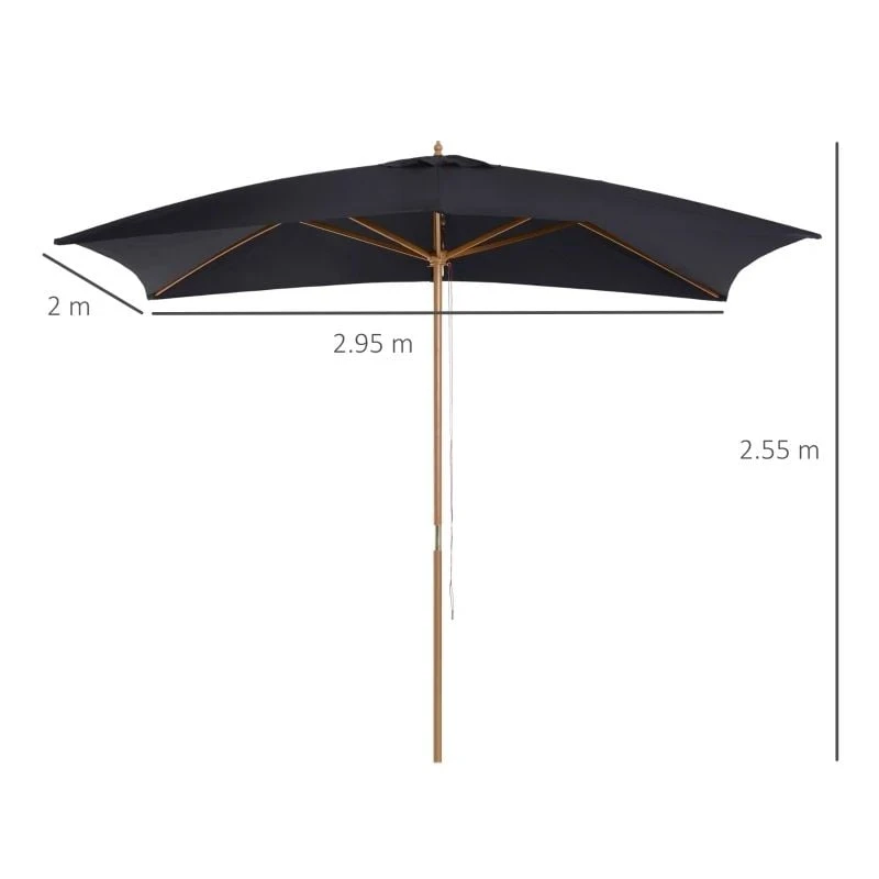 Outsunny 295L X 200W X 255Hcm Wooden Umbrella Parasol - Black - 01-0214 3 Outsunny 295L X 200W X 255Hcm Wooden Umbrella Parasol - Black - 01-0214 - Image 3