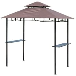 Outsunny Double-Tier BBQ Gazebo Shelter 2.5M (8ft) With Side Shelves - Coffee - 01-0272