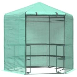 Outsunny Hexagon Walk In Greenhouse With Zip-Up Door 228L X 196W X 215Hcm - Dark Green - 01-0470 -OUTSUNNY Sales Shop outsunny 01 0470 full