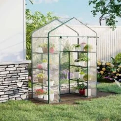 Outsunny Metal Frame Walk-in Greenhouse With Shelves 143L X 73W X 195Hcm - Transparent & Green - 01-0482 -OUTSUNNY Sales Shop outsunny 01 0482 outdoor