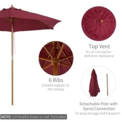Outsunny 2.5m Wooden Garden Parasol Umbrella - Red Wine - 01-0583 -OUTSUNNY Sales Shop outsunny 01 0583 3
