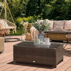 Outsunny Rattan Coffee Table With Glass Table Top - 850mm - Brown - 01-0721 -OUTSUNNY Sales Shop outsunny 01 0721