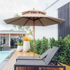 Outsunny 2.7m Patio Double Tier Umbrella Parasol - Beige - 840-025